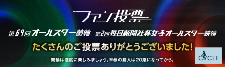 ファン投票　第69回オールスター競輪　第2回毎日新聞社杯女子オールスター競輪　たくさんのご投票ありがとうございました!　競輪は適度に楽しみましょう。車券の購入は20歳になっってから。
